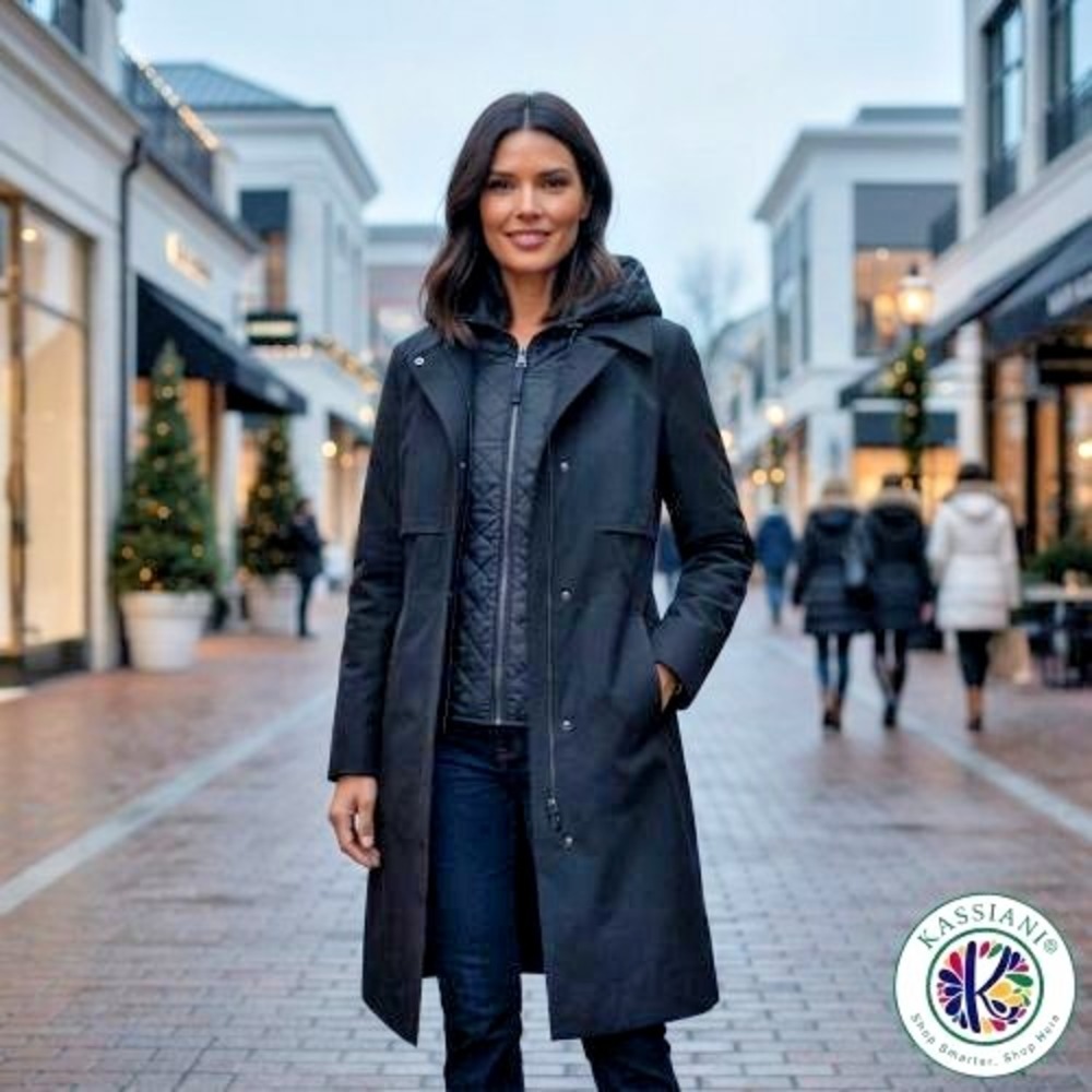 DKNY Black Hooded Belted Trench Coat Water-Resistant Quilted Bib Size Large
